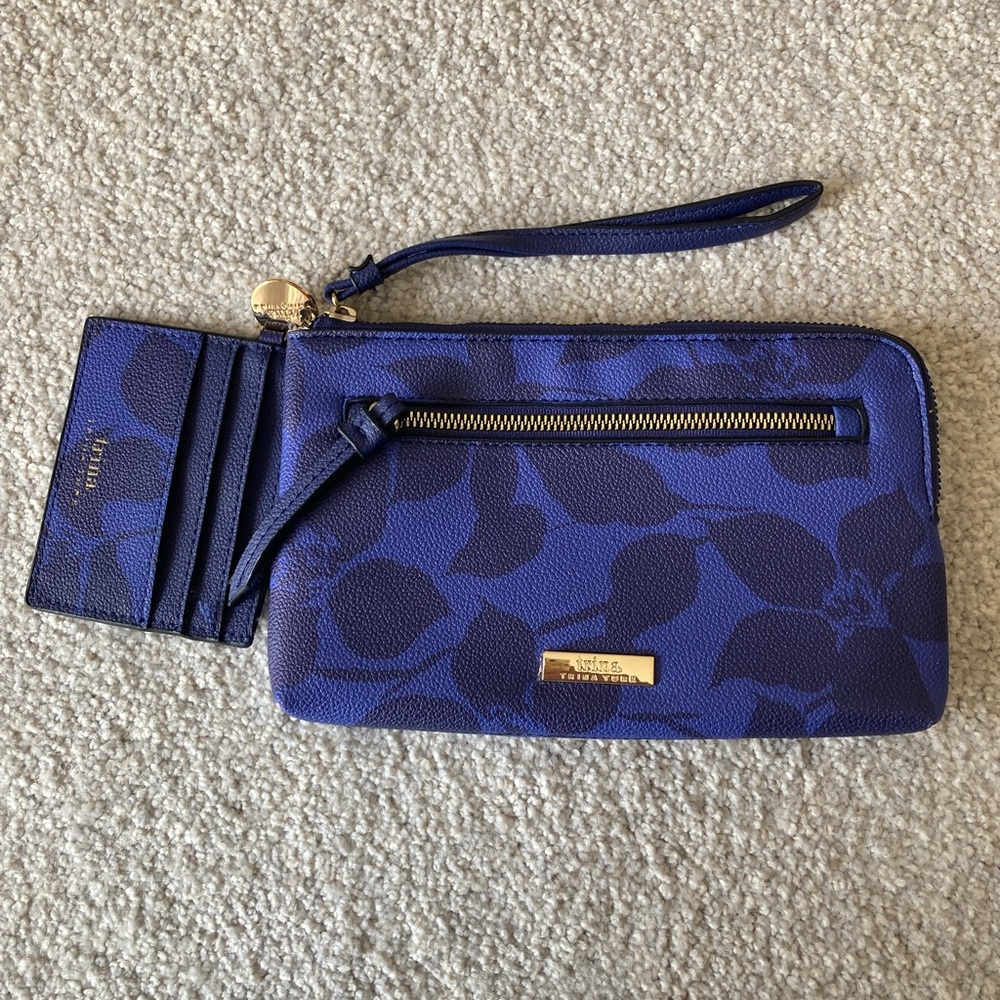 Trina Turk Blue Floral Clutch Wristlet with matching card wallet